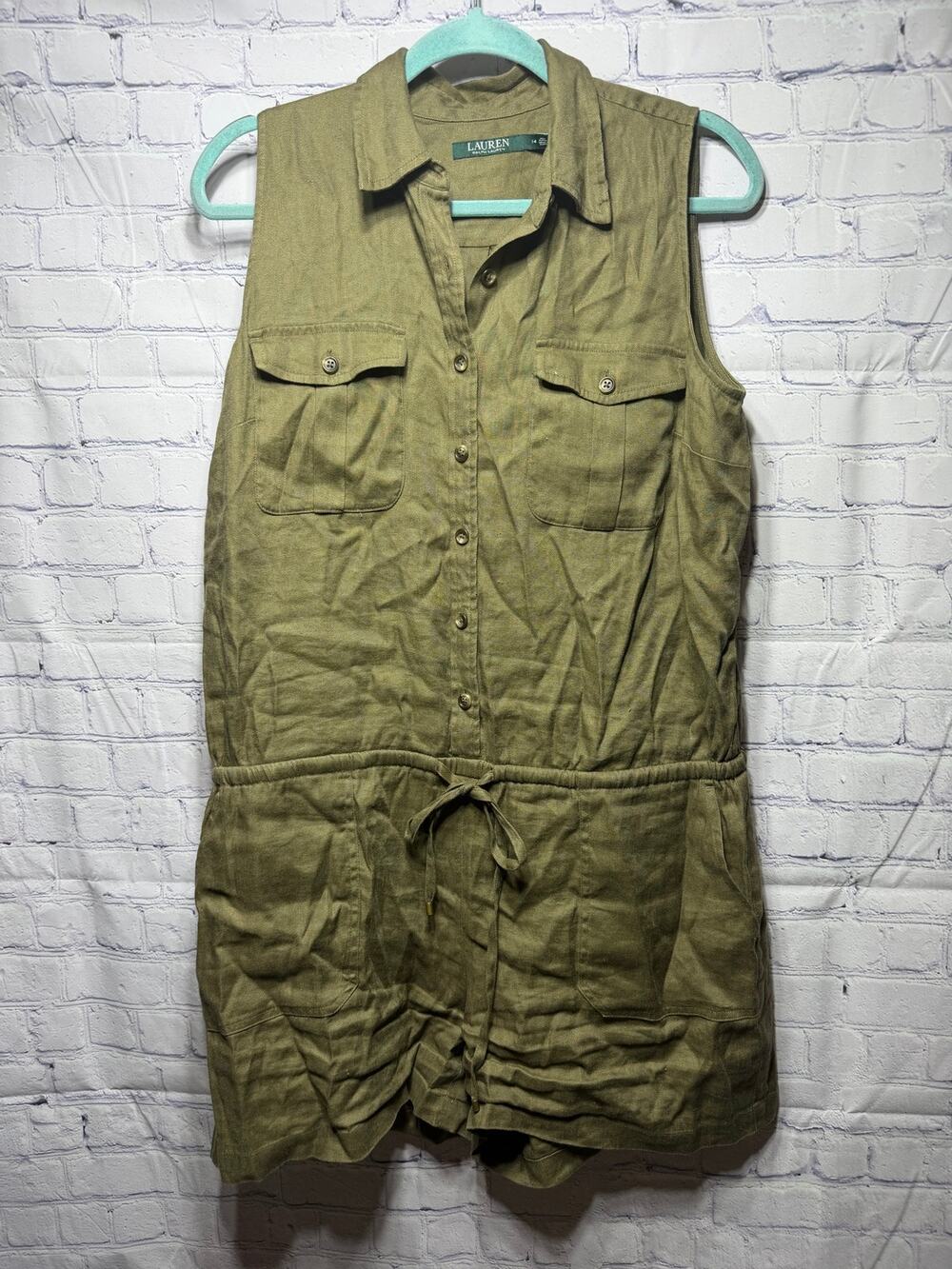 Lauren Ralph Lauren Linen Blend Cargo Romper Olive Green Sz 14 Casual